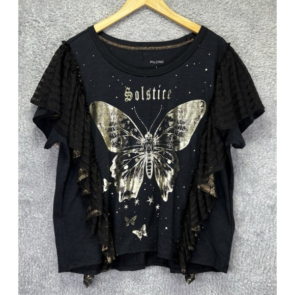 Pilcro Tops - Anthropologie Pilcro Womens L Butterfly Tee Black Gold Lace Ruffle Boho Fairy